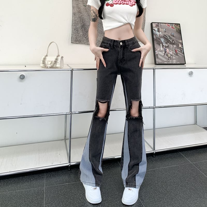 Jeans High Panel Distressed Flared Waist Washed
