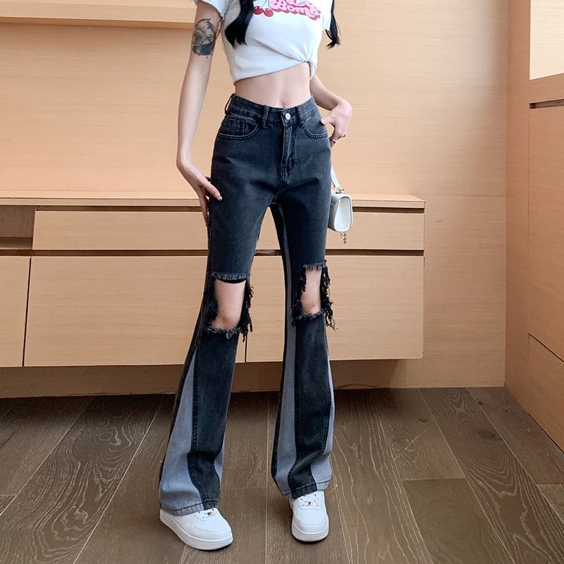 Jeans High Panel Distressed Flared Waist Washed