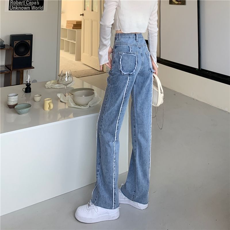 Wide High Leg Fray Jeans Rise Panel Washed