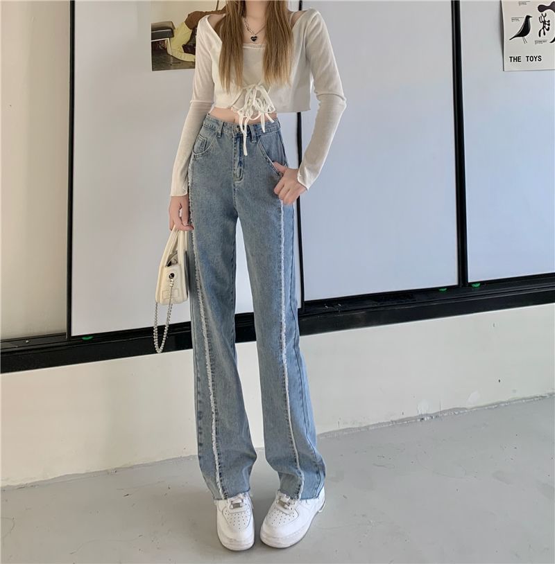 Wide High Leg Fray Jeans Rise Panel Washed
