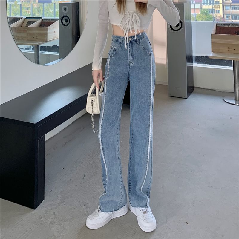 Wide High Leg Fray Jeans Rise Panel Washed