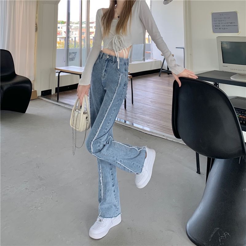 Wide High Leg Fray Jeans Rise Panel Washed