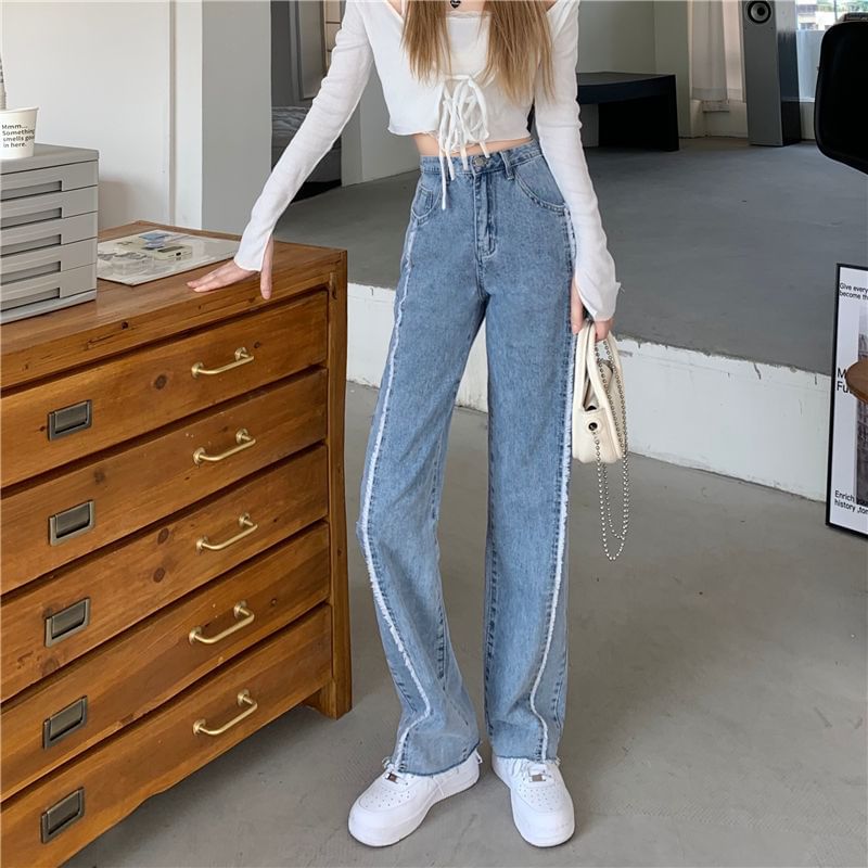 Wide High Leg Fray Jeans Rise Panel Washed