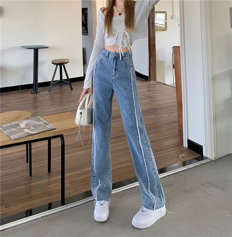 Wide High Leg Fray Jeans Rise Panel Washed