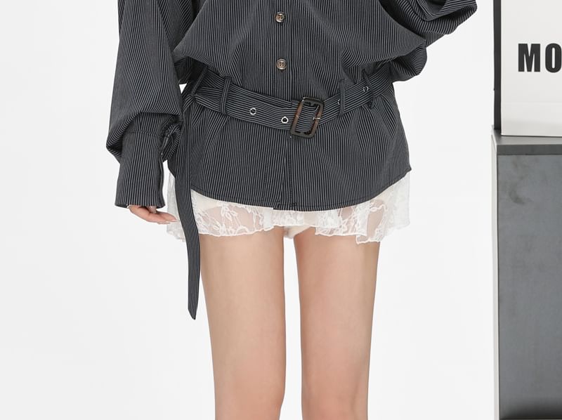 Long-Sleeve Striped Pocket Front Oversized Shirt / Plain Lace Trim Camisole Top