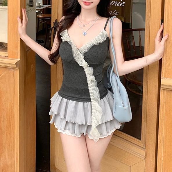 V-Neck Ruffle Panel Camisole Top