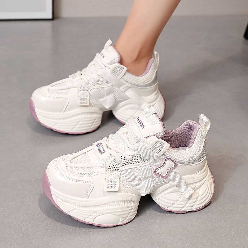 Lace-Up Panel Platform Rhinestone Faux Mesh Leather Sneakers