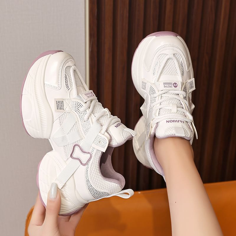 Lace-Up Panel Platform Rhinestone Faux Mesh Leather Sneakers
