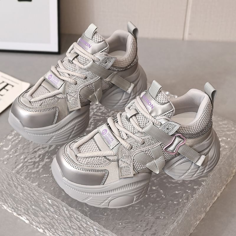 Lace-Up Panel Platform Rhinestone Faux Mesh Leather Sneakers