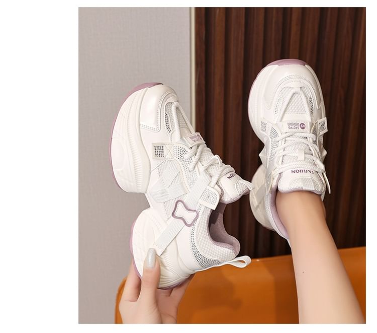 Lace-Up Panel Platform Rhinestone Faux Mesh Leather Sneakers