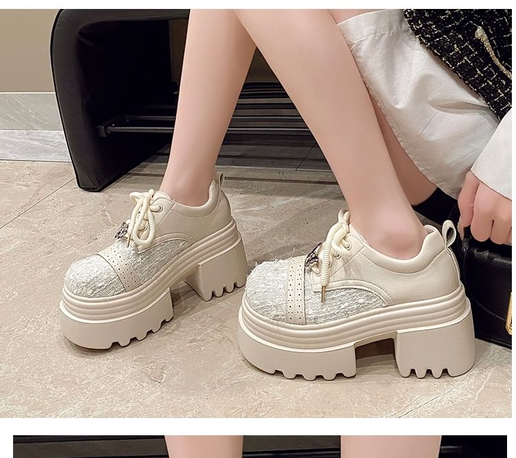 Faux Leather Panel Lace-Up Platform Tweed Shoes Brogue