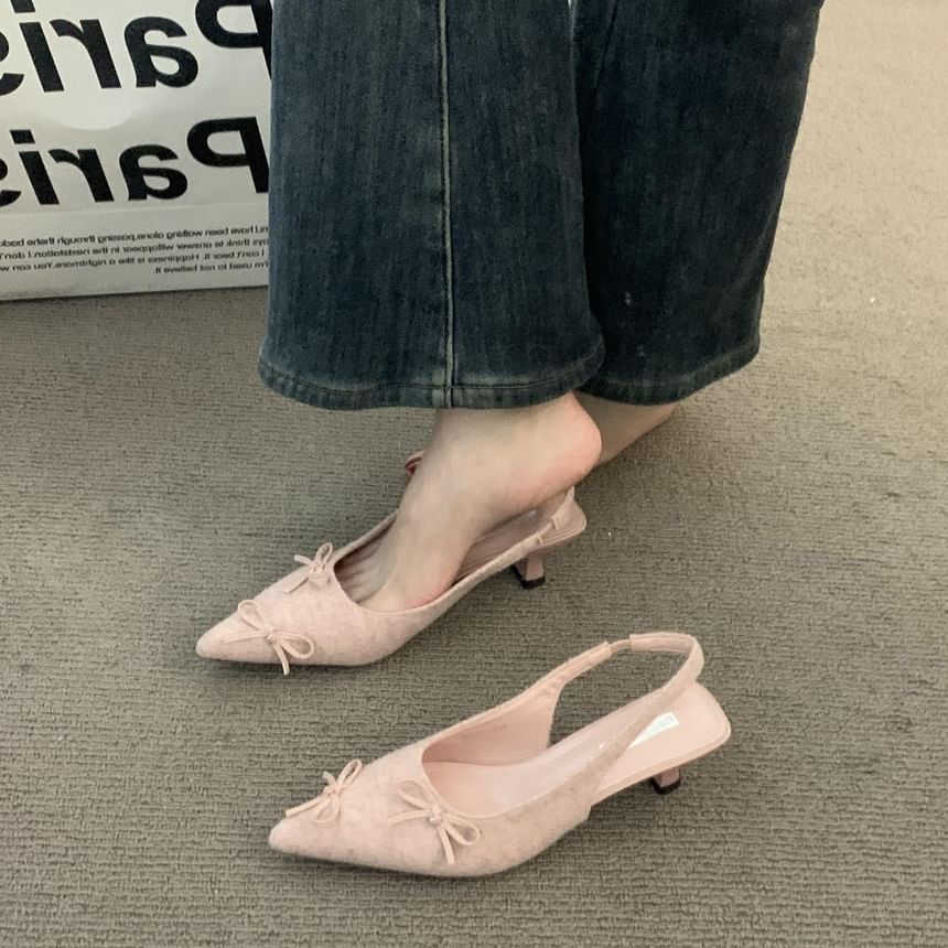 Pointy Bow Kitten Heel Slingback Sandals