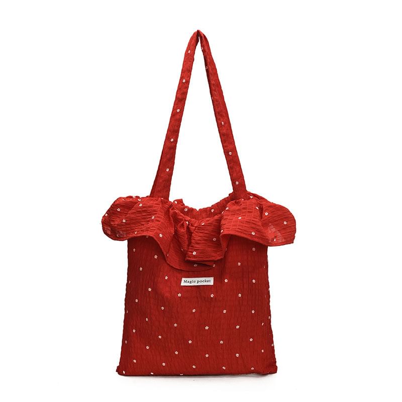 Sample Floral Embroidered Ruffle Trim Tote Bag