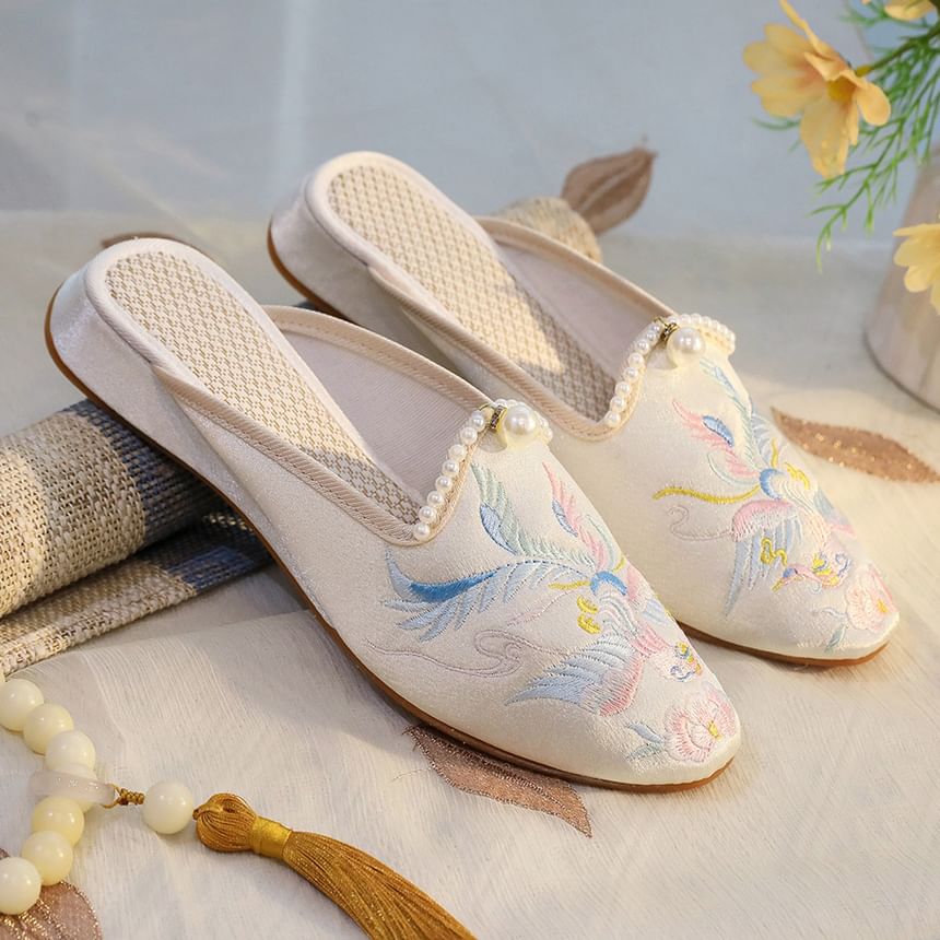 Faux Mules Pearl Embroidered