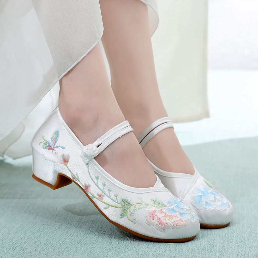Pumps Floral Block Embroidery Heel