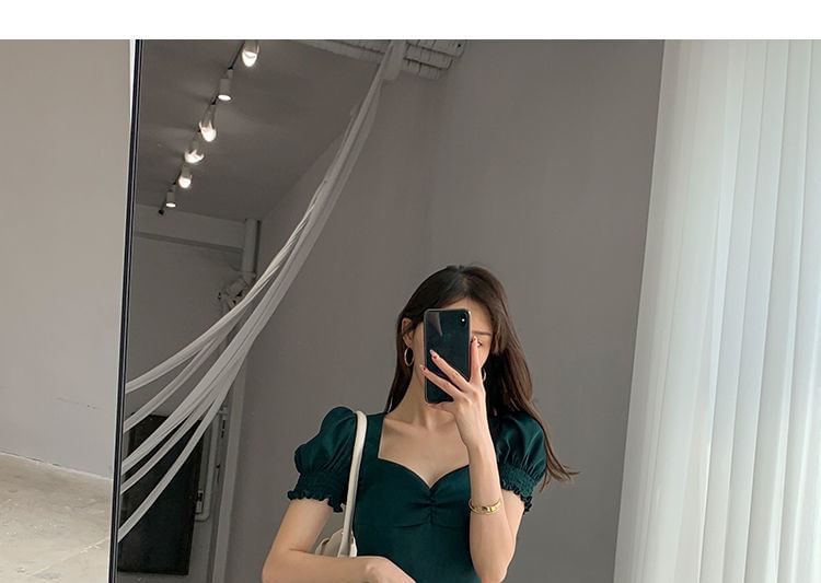 Midi Neck Puff Plain Sleeve Slit Sweetheart A-Line Dress