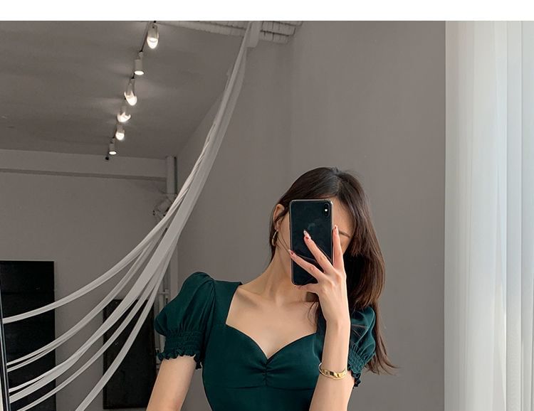 Midi Neck Puff Plain Sleeve Slit Sweetheart A-Line Dress
