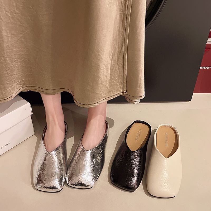 Metallic Mules Toe Square Faux Leather