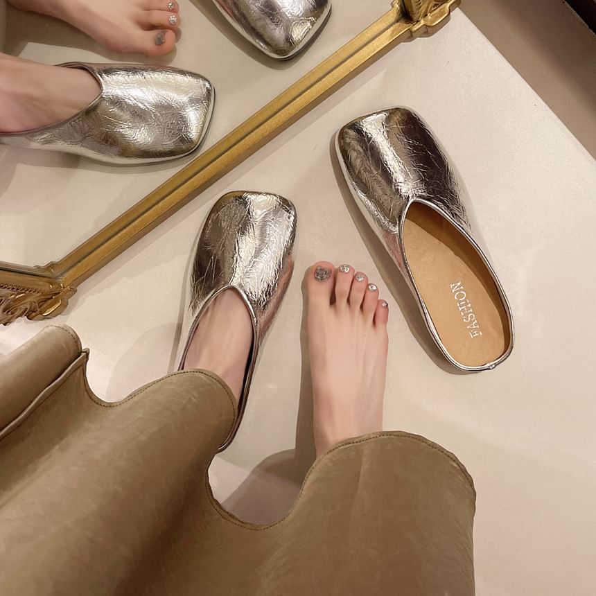 Metallic Mules Toe Square Faux Leather