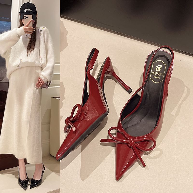 Sandals Slingback Stiletto Pointed Heel Toe Bow