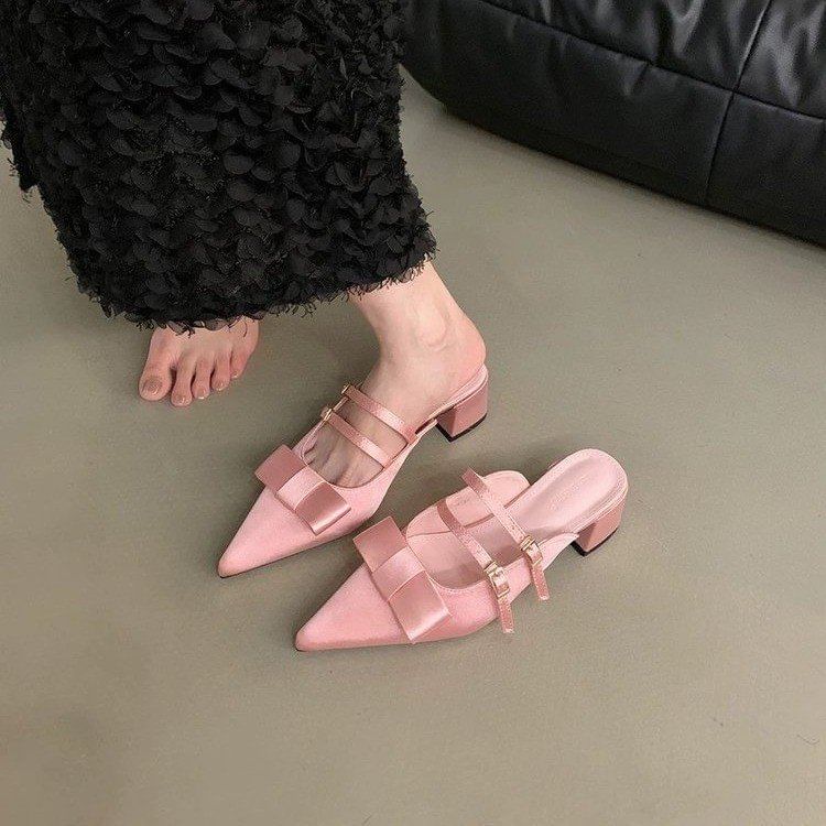 Bow Mary Heel Mules Pointed Toe Chunky Jane
