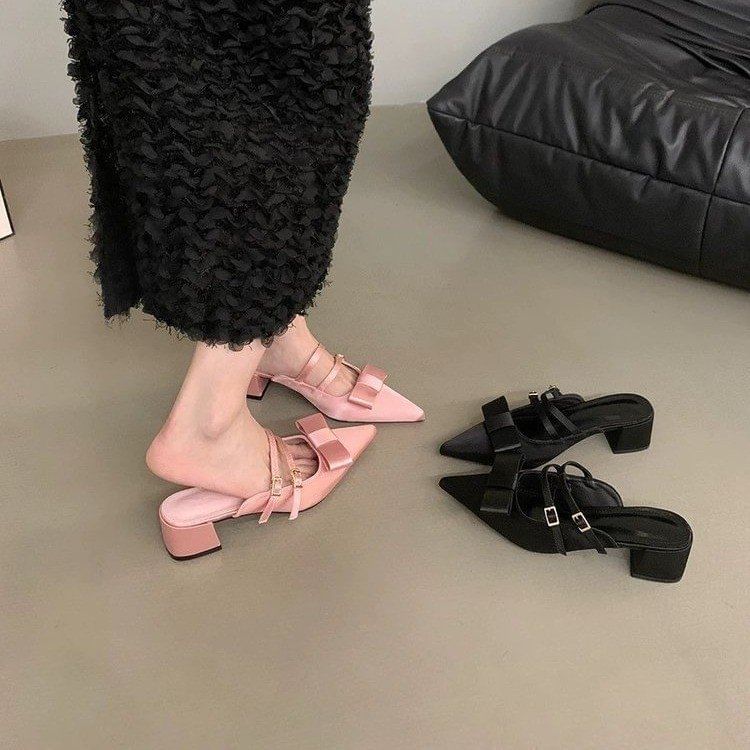 Bow Mary Heel Mules Pointed Toe Chunky Jane