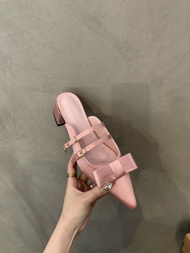Bow Mary Heel Mules Pointed Toe Chunky Jane