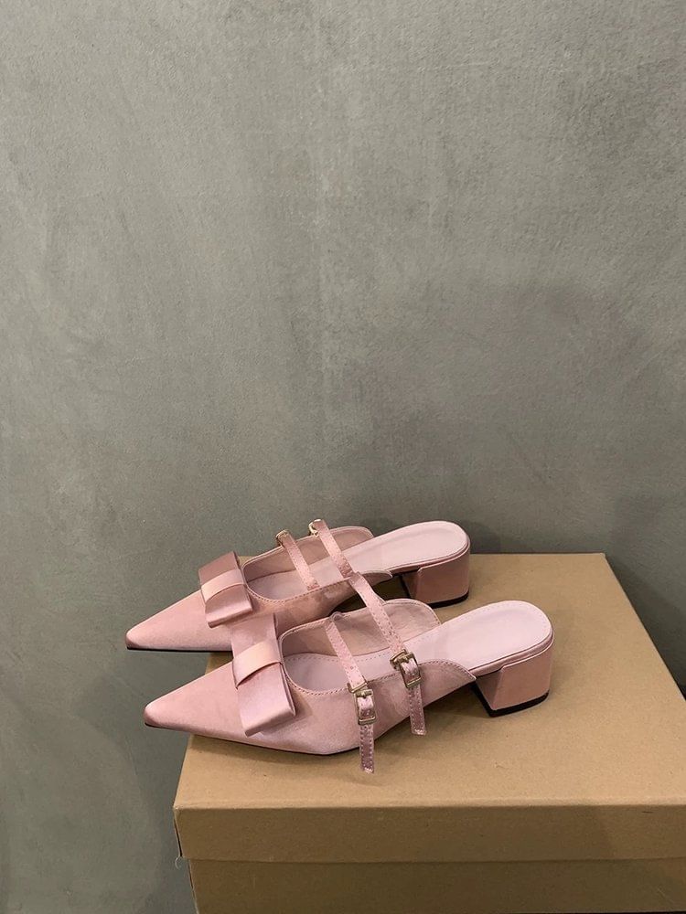 Bow Mary Heel Mules Pointed Toe Chunky Jane