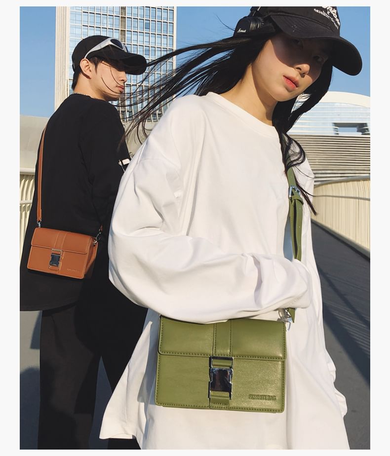 Buckled Crossbody Flap Faux Bag Plain Leather