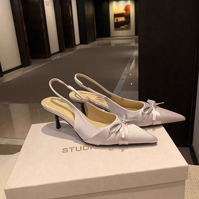Pointy Slingback Heel Sandals High Plain Bow