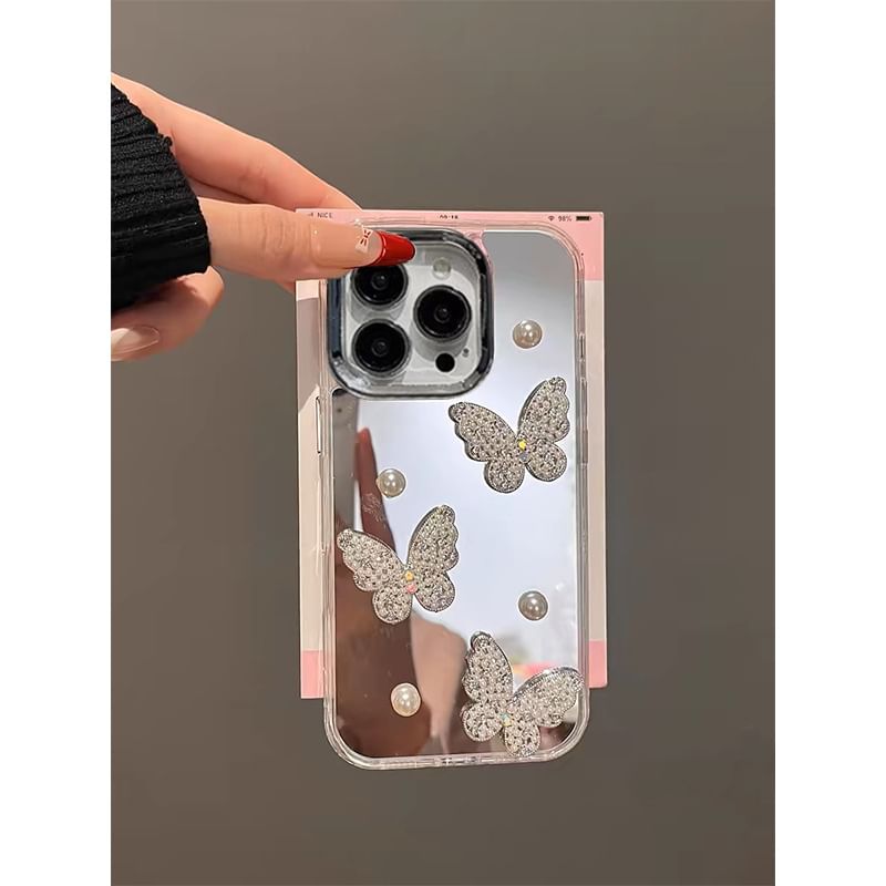 Faux Strap Pearl Butterfly Case / Set Mirrored Phone