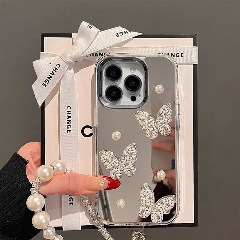 Faux Strap Pearl Butterfly Case / Set Mirrored Phone