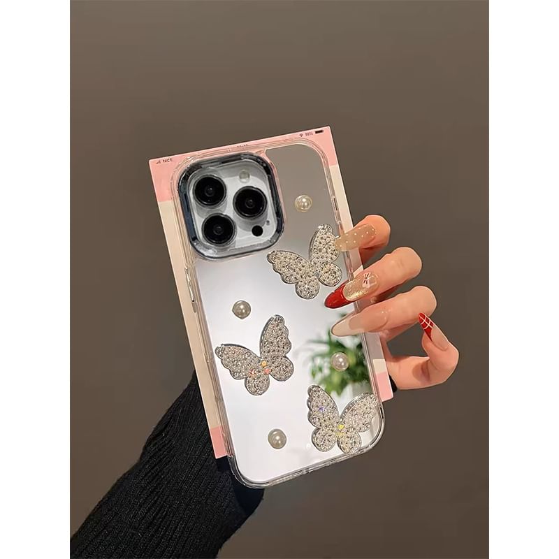 Faux Strap Pearl Butterfly Case / Set Mirrored Phone
