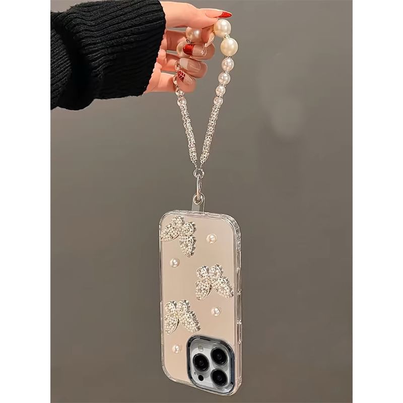 Faux Strap Pearl Butterfly Case / Set Mirrored Phone