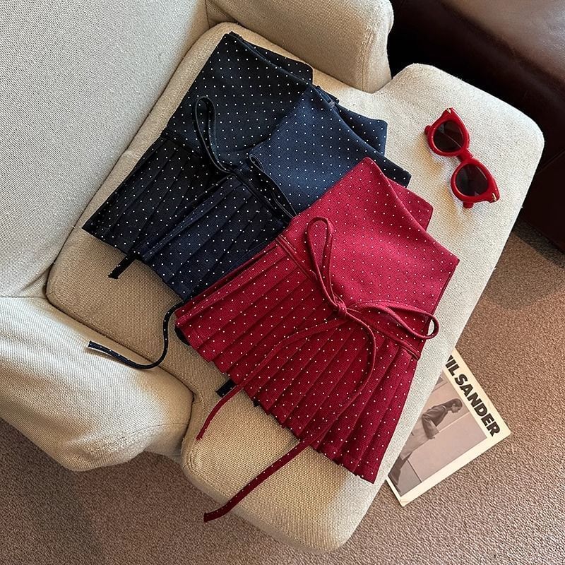 Pleated High Skirt A-Line Dotted Mini Rise