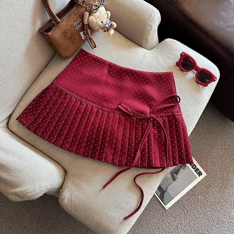 Pleated High Skirt A-Line Dotted Mini Rise