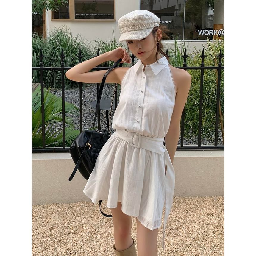 Sleeveless Striped Collared Belted Mini A-Line Dress