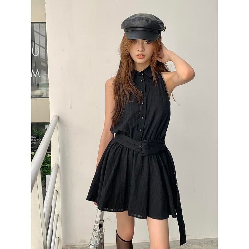 Sleeveless Striped Collared Belted Mini A-Line Dress