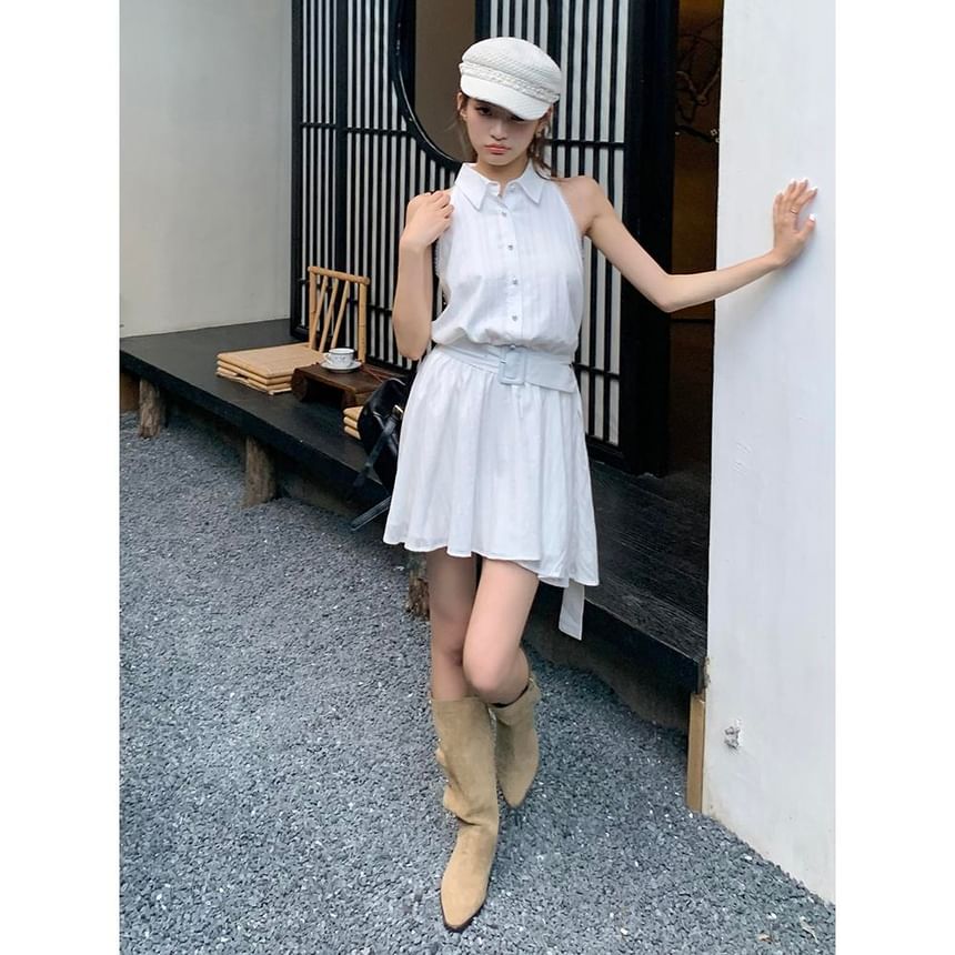 Sleeveless Striped Collared Belted Mini A-Line Dress