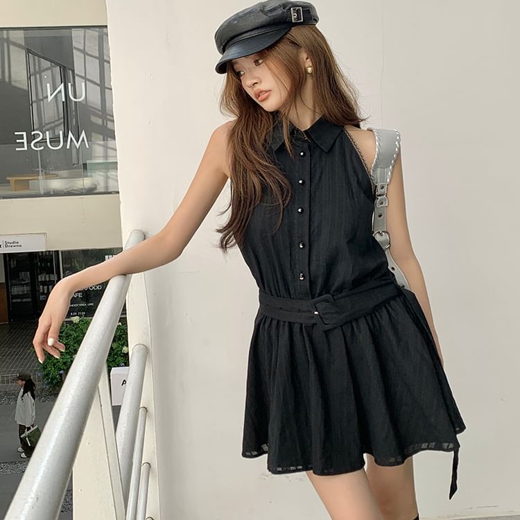 Sleeveless Striped Collared Belted Mini A-Line Dress