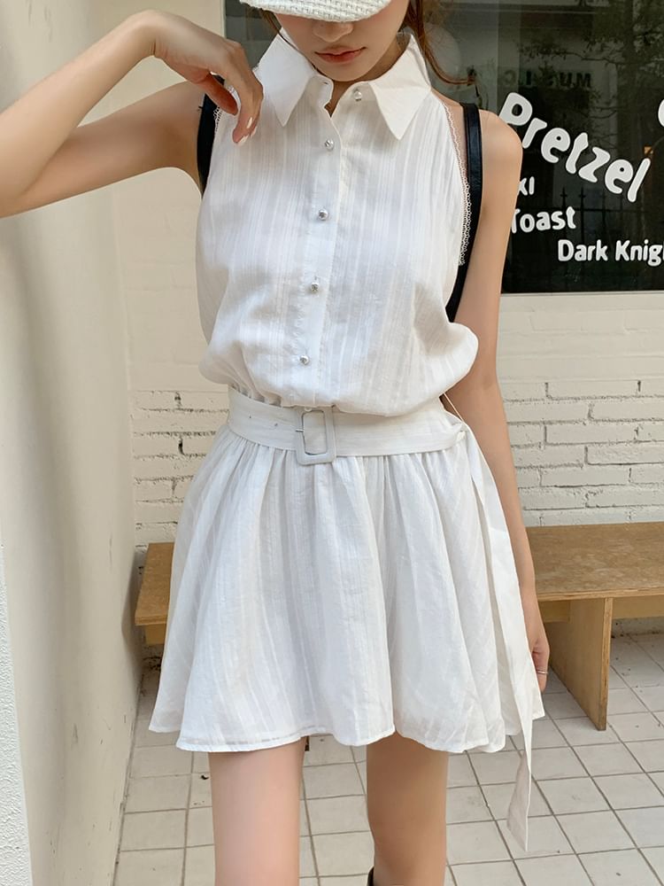 Sleeveless Striped Collared Belted Mini A-Line Dress