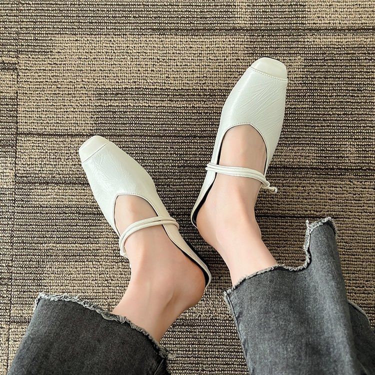 Faux Heel Plain Mules Mary Leather Jane Low
