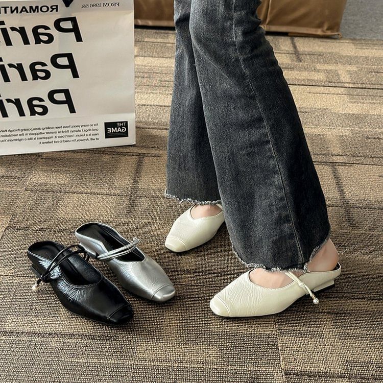 Faux Heel Plain Mules Mary Leather Jane Low