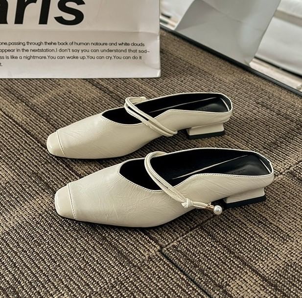 Faux Heel Plain Mules Mary Leather Jane Low