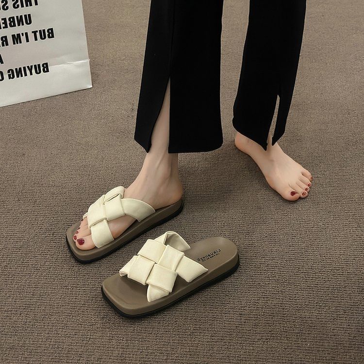 Faux Platform Leather Square Woven Toe Sandals