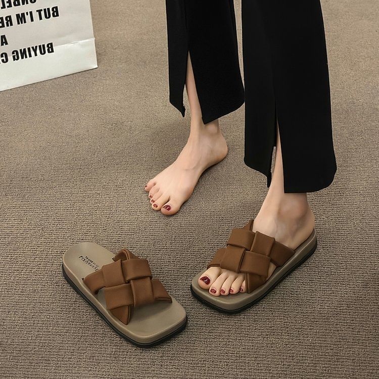 Faux Platform Leather Square Woven Toe Sandals