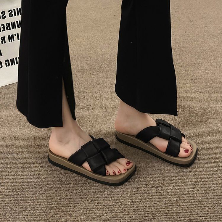 Faux Platform Leather Square Woven Toe Sandals