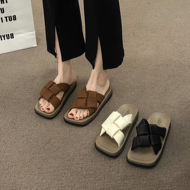 Faux Platform Leather Square Woven Toe Sandals