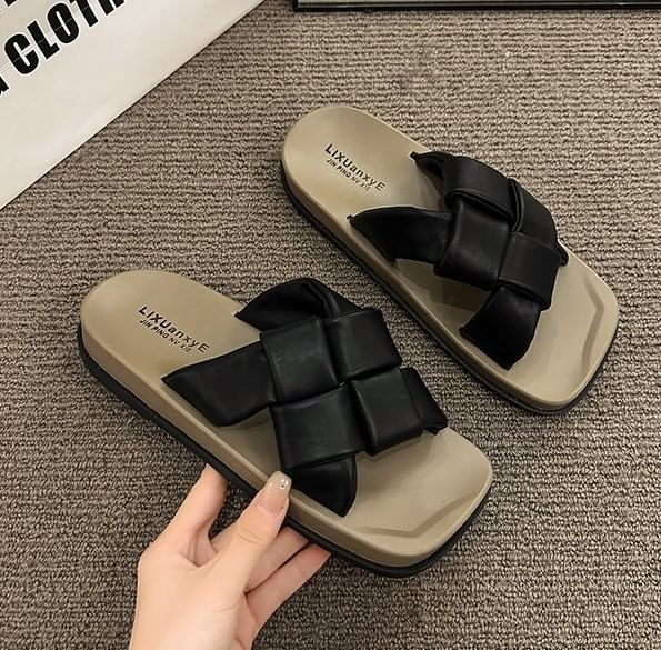 Faux Platform Leather Square Woven Toe Sandals