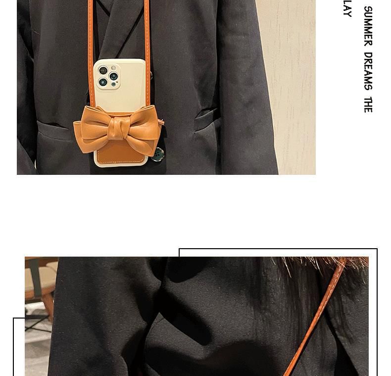 Bow Card Faux Lanyard Leather Case Holder Phone with